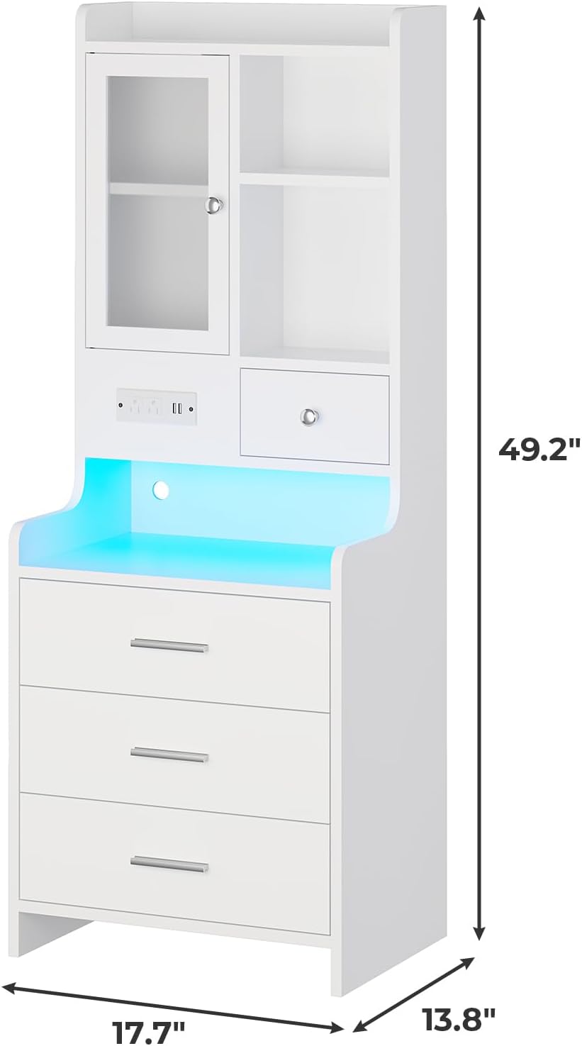 ADORNEVE White Nightstand Set of 2 with Charging Station,49.2' LED Night Stand for Bedroom,Tall Bedside Table with Bookshelf and Drawers,Side Tables Bedroom
