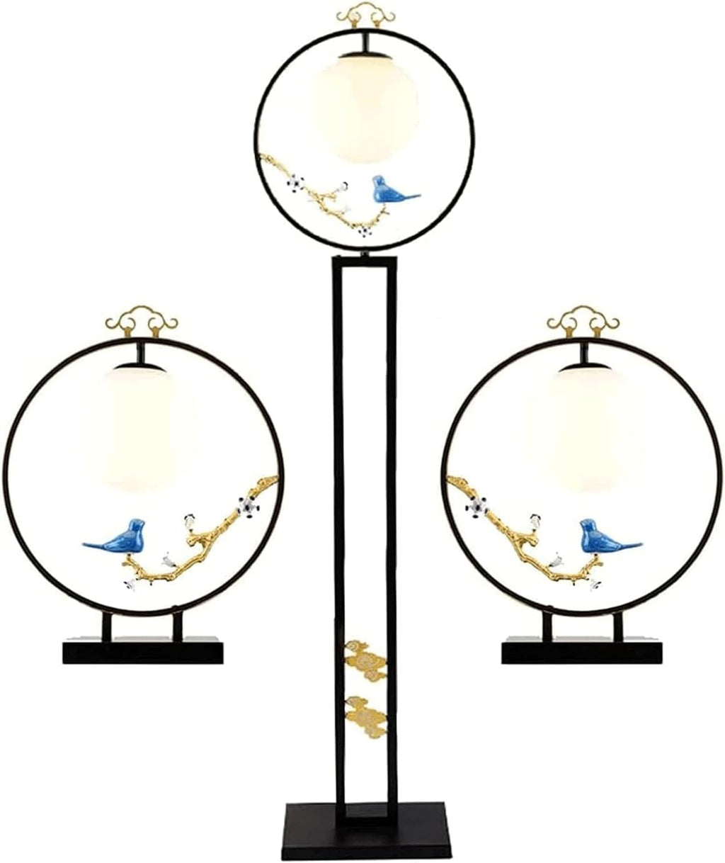 Rieort Classic Floor Set of 2 Table Lamps and 1 Standing Lamp with Glass Shade Ceramic Bird Decor for Living Room High Pole Lamp