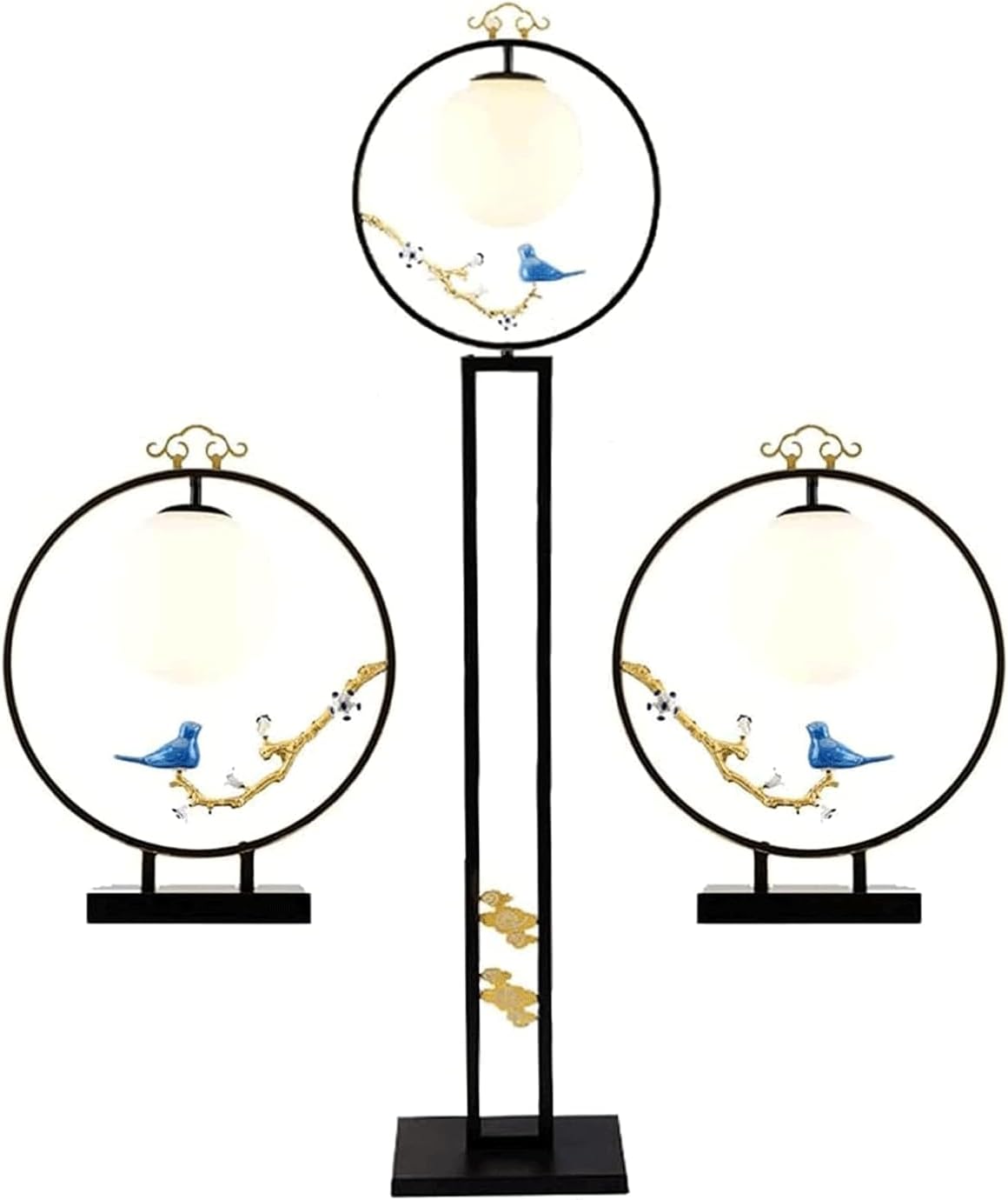 Rieort Classic Floor Set of 2 Table Lamps and 1 Standing Lamp with Glass Shade Ceramic Bird Decor for Living Room High Pole Lamp
