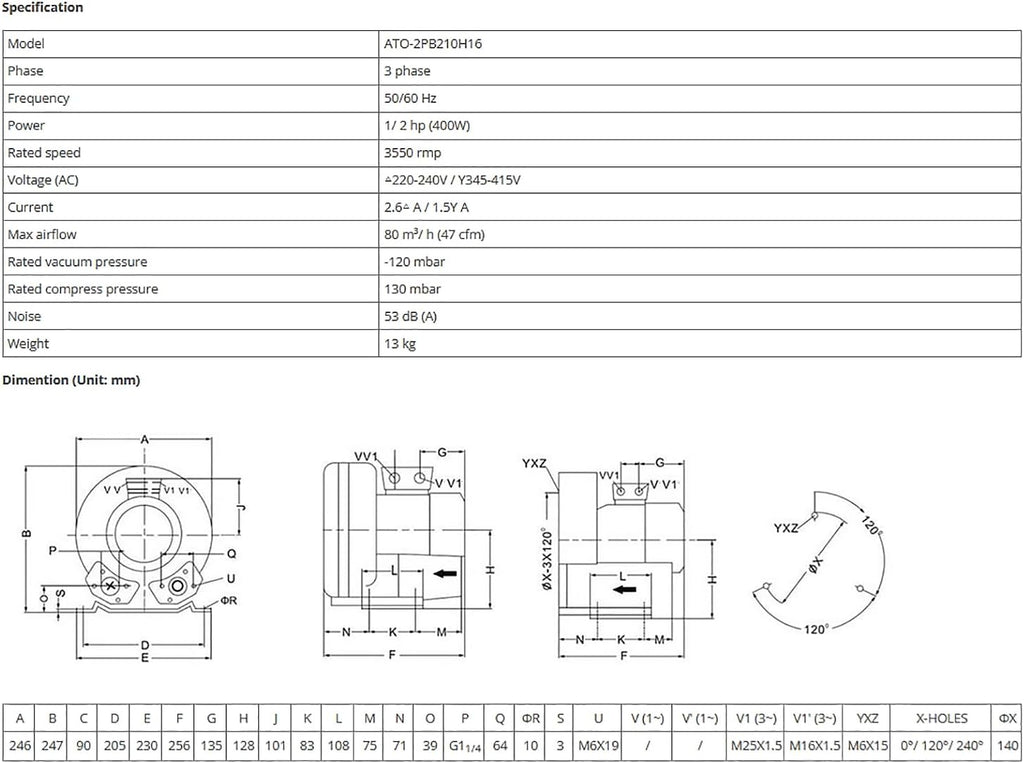 ATO Regenerative Blower for Air Blowing/Suction, 3 Phase 1/2 hp (400W) 380V Quiet 47CFM Industrial Vacuum Pump Blower,for Heavy Duty Aquarium Aerator