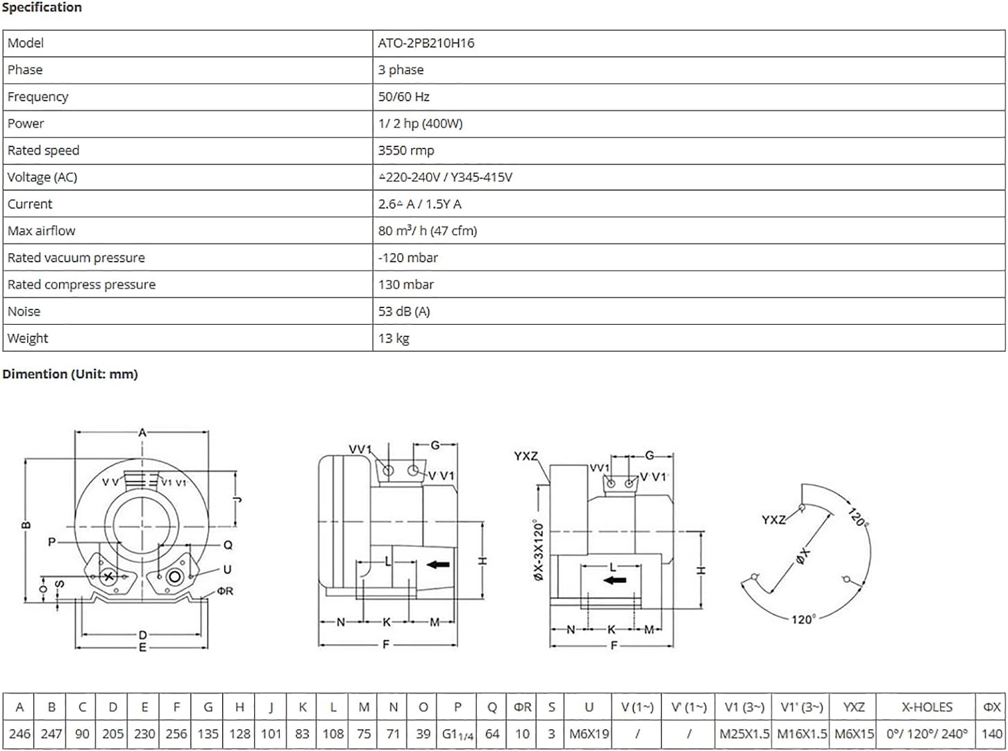 ATO Regenerative Blower for Air Blowing/Suction, 3 Phase 1/2 hp (400W) 380V Quiet 47CFM Industrial Vacuum Pump Blower,for Heavy Duty Aquarium Aerator