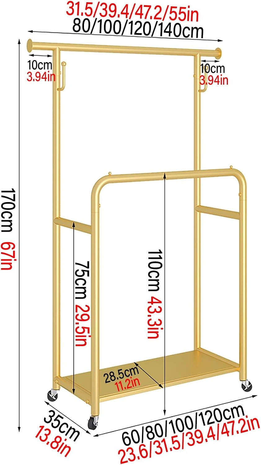 Double Rods Clothes Rack with Wheels,Heavy Duty Garment Racks for Hanging Clothes,Metal Portable Clothing Rack,Sturdy Coat Rack for Bedroom(Gold,80cm/31.5in)