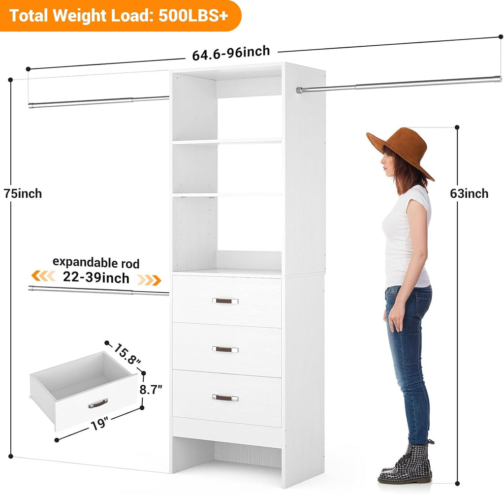 Homieasy 96 Inches Closet Organizer System, 8FT Customizable Walk In Closet Organizer with Hanging Rods, 3 Drawers Garment Rack with Leather Handle , 96' L x 16' W x 75' H, Max Load 1000 LBS, White