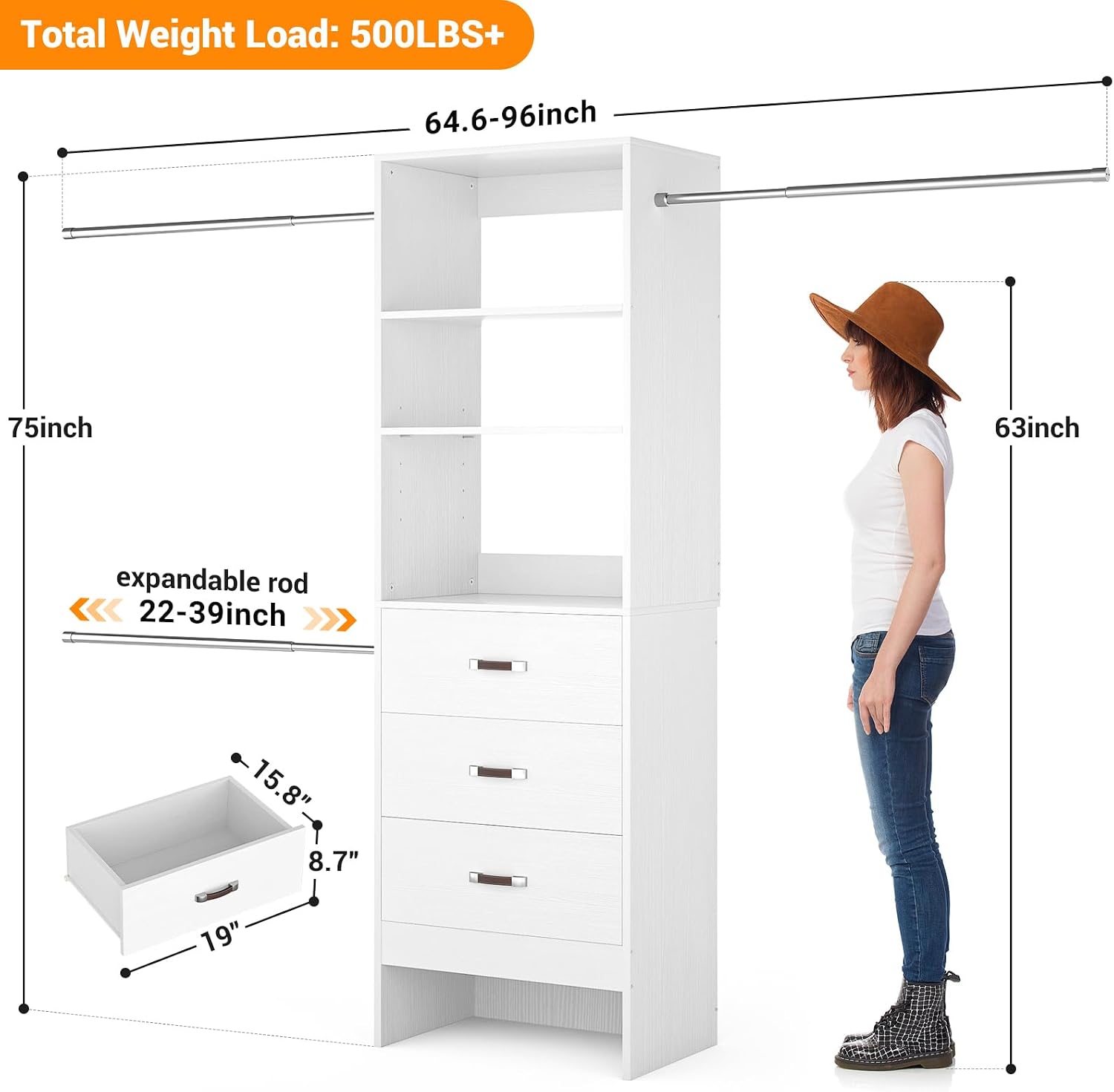 Homieasy 96 Inches Closet Organizer System, 8FT Customizable Walk In Closet Organizer with Hanging Rods, 3 Drawers Garment Rack with Leather Handle , 96' L x 16' W x 75' H, Max Load 1000 LBS, White