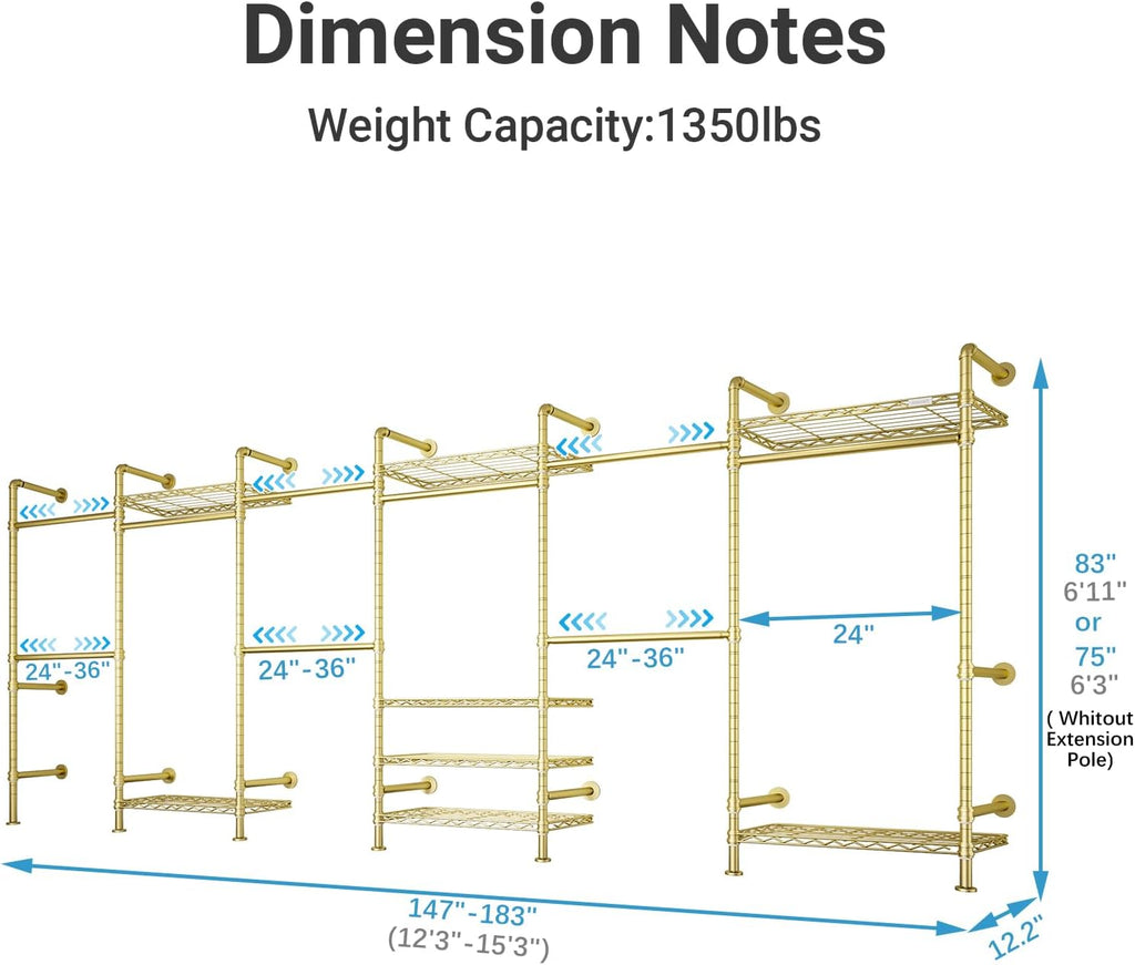 Timate F6 Wall Mounted Clothes Rack - Expandable Industrial Pipe Closet System, Heavy Duty Hanging Garment Rack, Closet Organizer & Storage Solution for Wardrobe, Bedroom,Walk-in Closets,Gold