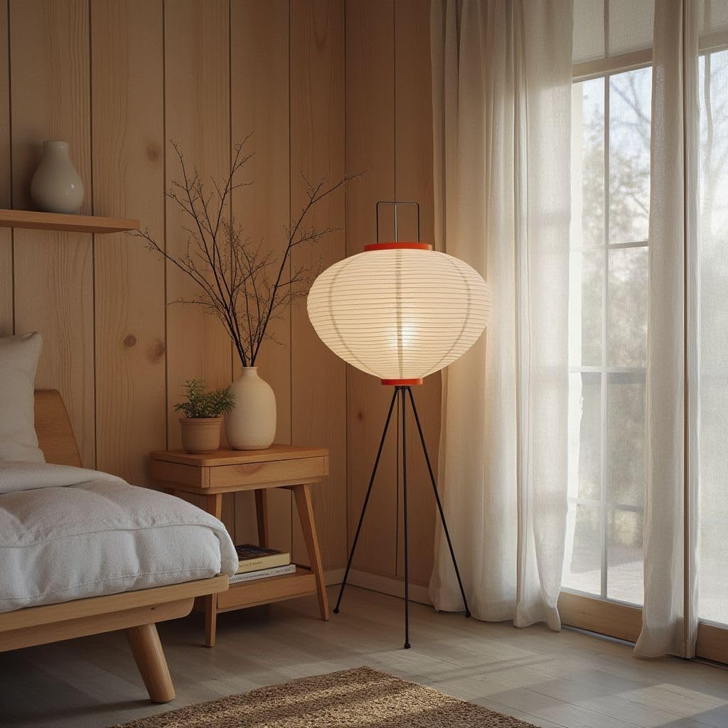 Nogy Noguchi Japanese Rice Paper Floor Lamp • 3000K Akari Standing Light for Living Room Bedroom, Modern Paper Lamp Design, Warm White Ambiance Lighting