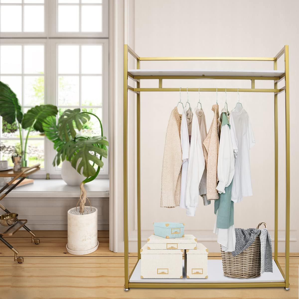 Heavy Duty Gold Clothing Rack, Gold Metal Freestanding Garment Rack with Shelves Clothing Display Rack Retail Shelves for Hanging Clothing Retail Display Clothes Shoes Bags