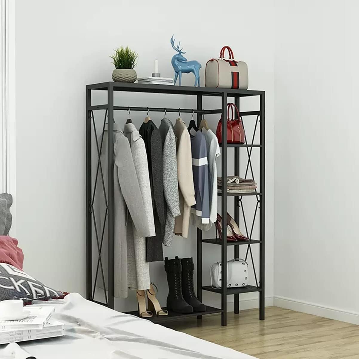 Metal Clothing Rack With Rods Freestanding Garment Rack For Hanging Clothes Organizer Wardrobe With 6-Tier Storage Shelve For Bedroom, Entryway (Color : Svart, Size : 90cm)