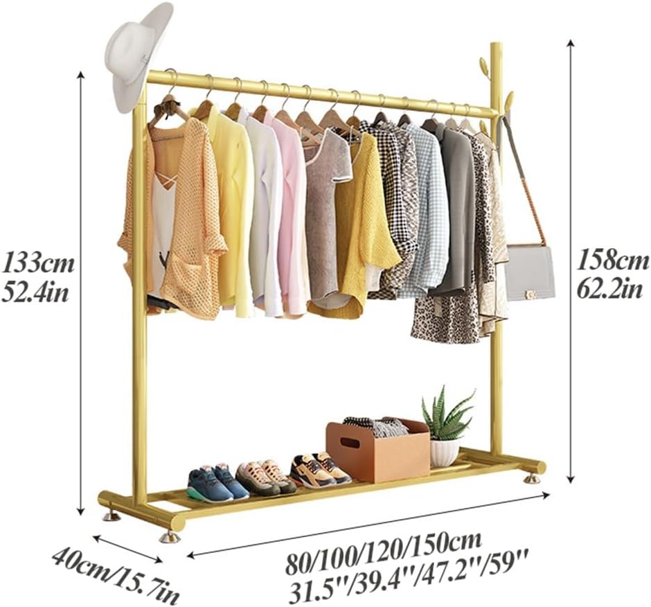 Freestanding Clothes Rack with Side Hooks and Storage Shelf, Heavy Duty Iron Pipe Garment Rack for Hanging Clothes, Clothes Organizer for Bedroom, Laundry Room, Height 158cm, Gold (Color : Gold, Siz