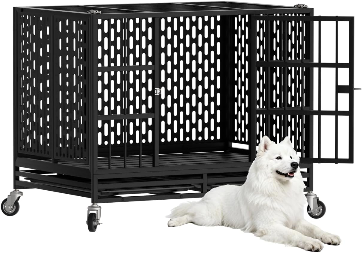 42 Inch Heavy Duty Dog Crate with Wheels,Indestructible Escape-Proof Dog Kennel with Locking Latch and Double Door,Extra Large XL XXL Crate Indoor for Large and Medium Dog with Removable Tray