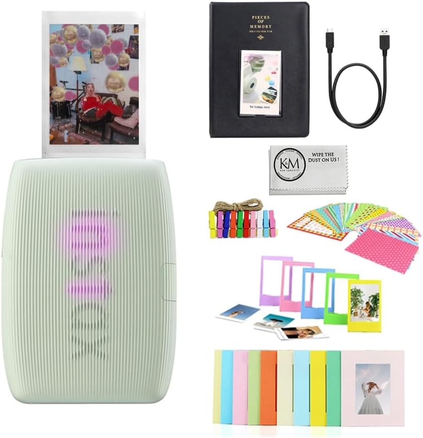Fujifilm INSTAX Mini Link 3 Smartphone Printer | Sage Green Bundled with Instax Mini Album, Borders, Stickers & Clips + Microfiber Cleaning Cloth (3 Items)