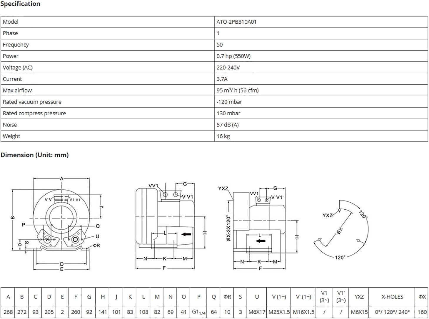 ATO 1 Phase 0.7 hp (550W) Regenerative Blower for Air Blowing/Suction, 220-240V Quiet 56CFM Industrial Vacuum Pump Blower,for Heavy Duty Aquarium Aerator, Sewage System