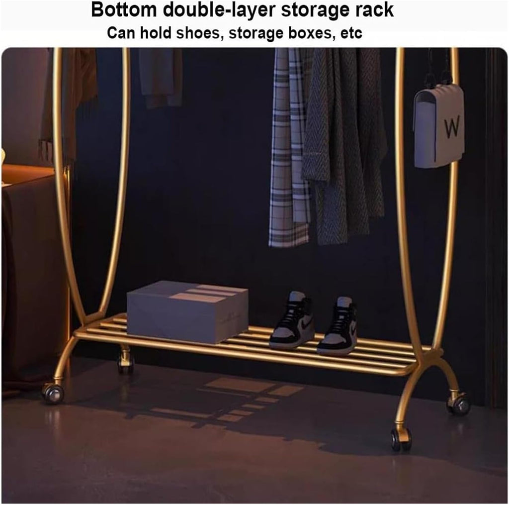 Heavy Duty Clothes Rack with Shelves, 3-in-1 Entryway Coat & Shoe Rack Metal Garment Rack for Hanging Clothes Easy Movement and Organization for Boutique, Retail Or HOM, Gold-b-60X36X170CM