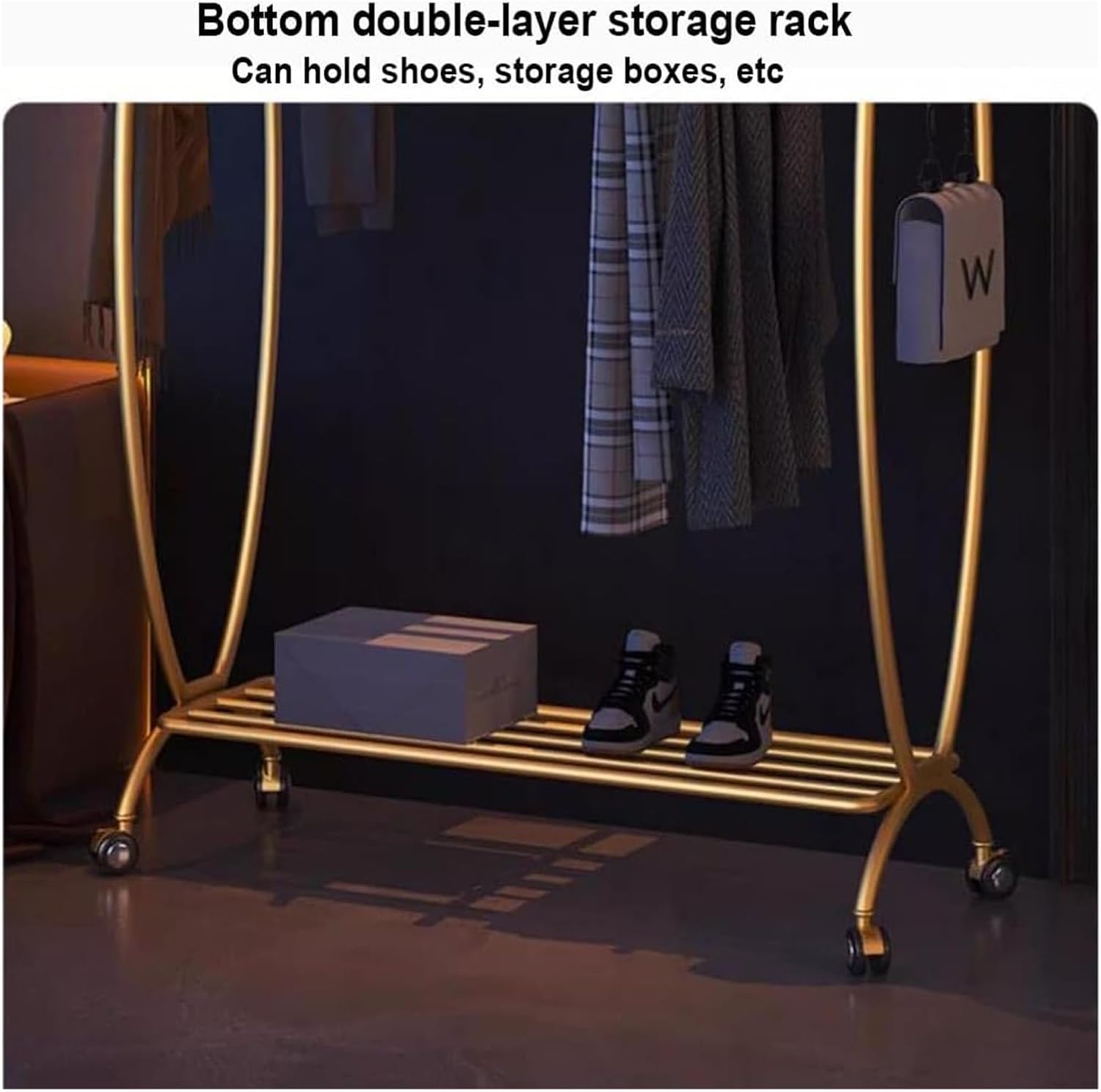 Heavy Duty Clothes Rack with Shelves, 3-in-1 Entryway Coat & Shoe Rack Metal Garment Rack for Hanging Clothes Easy Movement and Organization for Boutique, Retail Or HOM, Gold-b-60X36X170CM