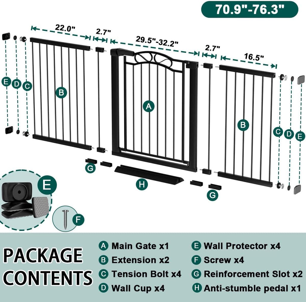 Fairy Baby 70.9'-76.3' Extra Wide Baby Gate for Stairs Doorways, Pressure Mount Pet Gate Auto Close Safety Child Gate, Long Large Dog Gate Indoor for House, 71 72 73 74 75 76 Inches Wide, Black