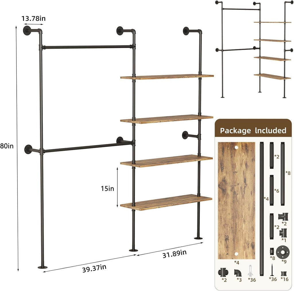 Industrial Pipe Clothing Rack Wall Mounted Heavy Duty, Space Saving Garment Hanger System for Wardrobe/Walk-in Closet,Black