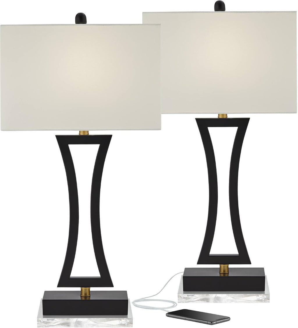 360 Lighting Roxie Modern Table Lamps with Clear Acrylic Risers USB Charging Port 31' Tall Set of 2 Black Off-White Rectangular Fabric Shade Decor for Bedroom Living Room Bedside Nightstand