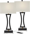 360 Lighting Roxie Modern Table Lamps with Clear Acrylic Risers USB Charging Port 31' Tall Set of 2 Black Off-White Rectangular Fabric Shade Decor for Bedroom Living Room Bedside Nightstand