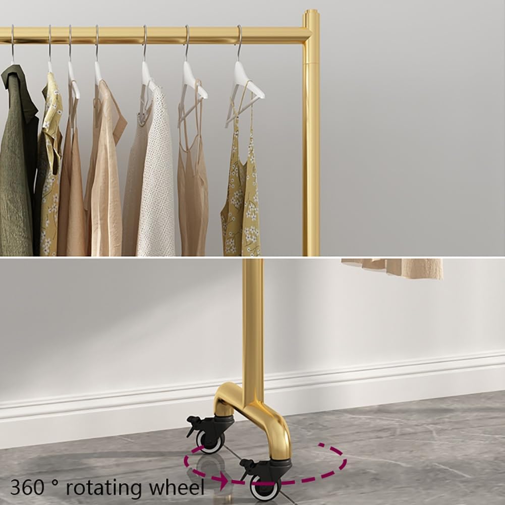 Golden Clothing Rack with Wheels, Nordic, Heavy Duty, Clothes Rail for Bedroom, Garment Rack for Hanging Clothes, Load 176lbs(100x40x155cm)