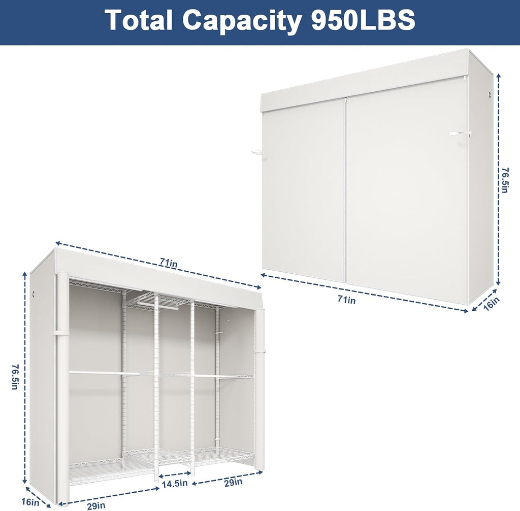 Ulif E12C Pro Heavy Duty Closet Organizer System，Freestanding Clothing Racks for Hanging Clothes，Adjustable Garment Rack 71'W x 16'D x 76.5'H Hold 960lbs，White Clothing Rack with White Dustproof Cover