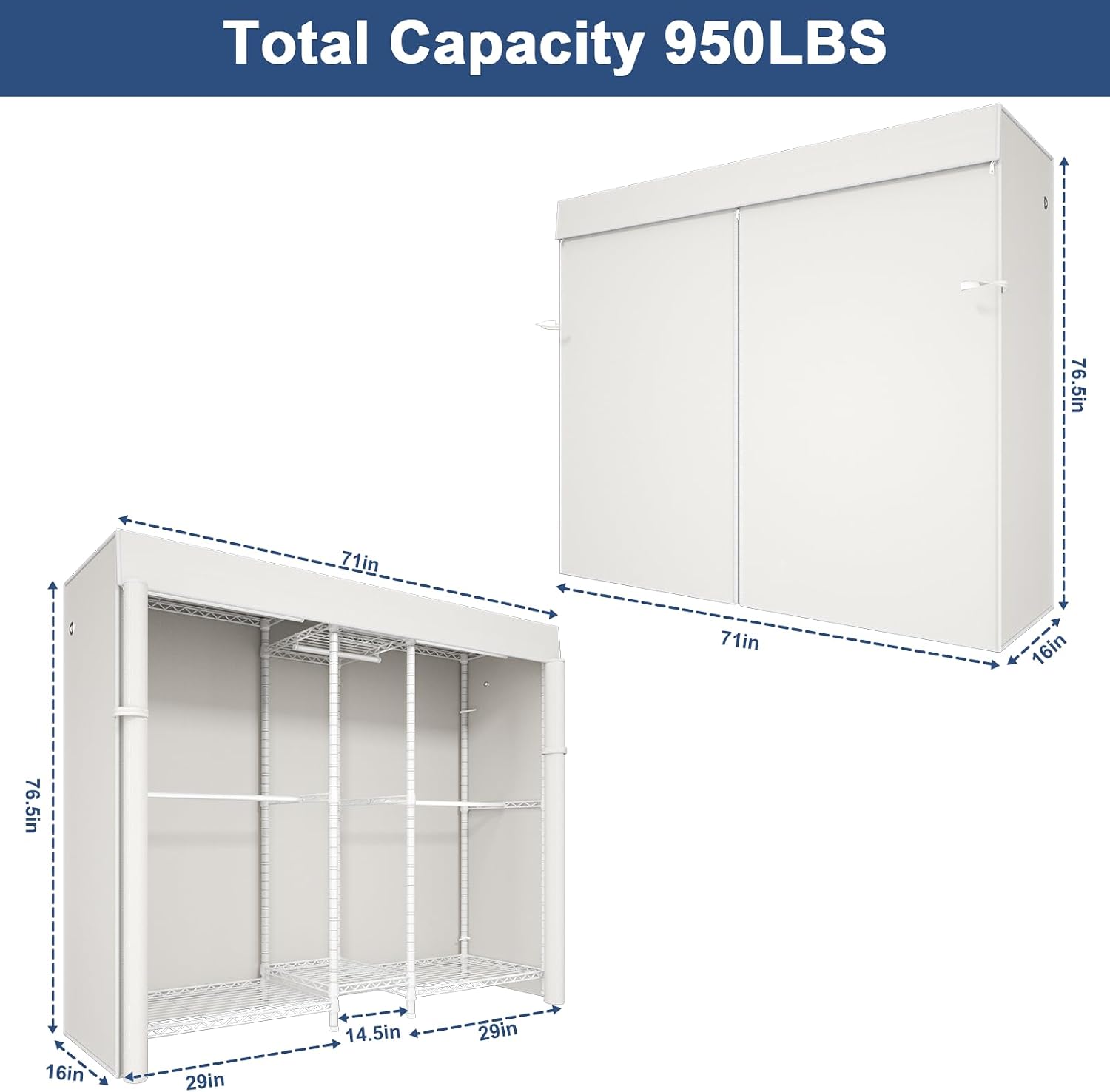 Ulif E12C Pro Heavy Duty Closet Organizer System，Freestanding Clothing Racks for Hanging Clothes，Adjustable Garment Rack 71'W x 16'D x 76.5'H Hold 960lbs，White Clothing Rack with White Dustproof Cover