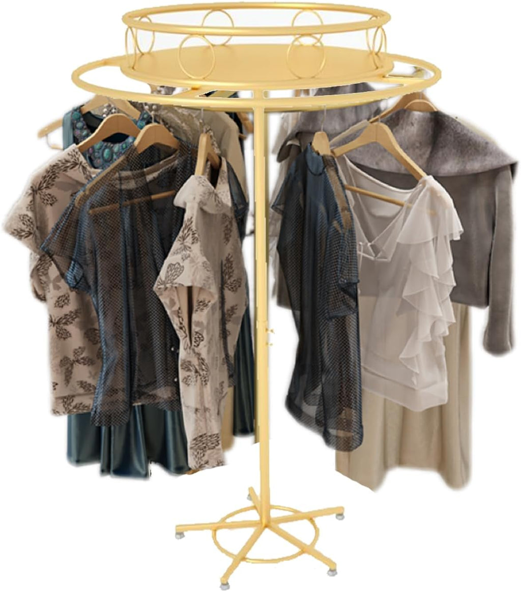Floor-Standing Rotatable Clothing Rack, Multi-Functional Commercial Round Garment Racks for Hanging Clothes, Clothing Organize Rack for Commercial Retail,Gold,Width 23.6in
