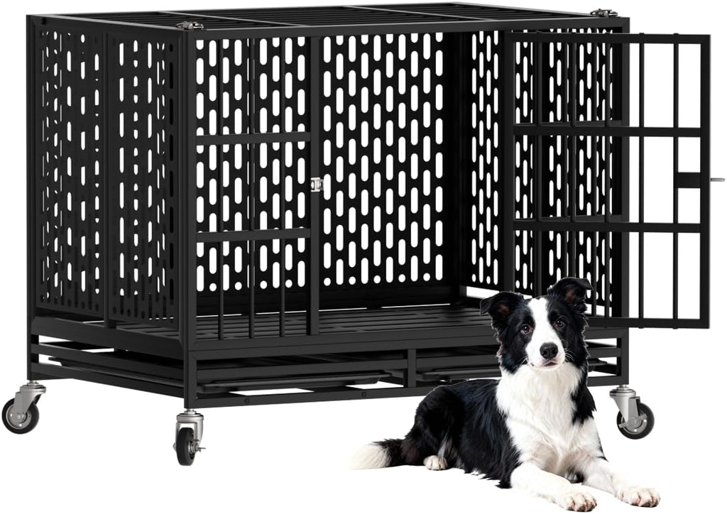 38 Inch Heavy Duty Dog Crate with Wheels,Indestructible Escape-Proof Dog Kennel with Locking Latch and Double Door,Extra Large XL XXL Crate Indoor for Large and Medium Dog with Removable Tray
