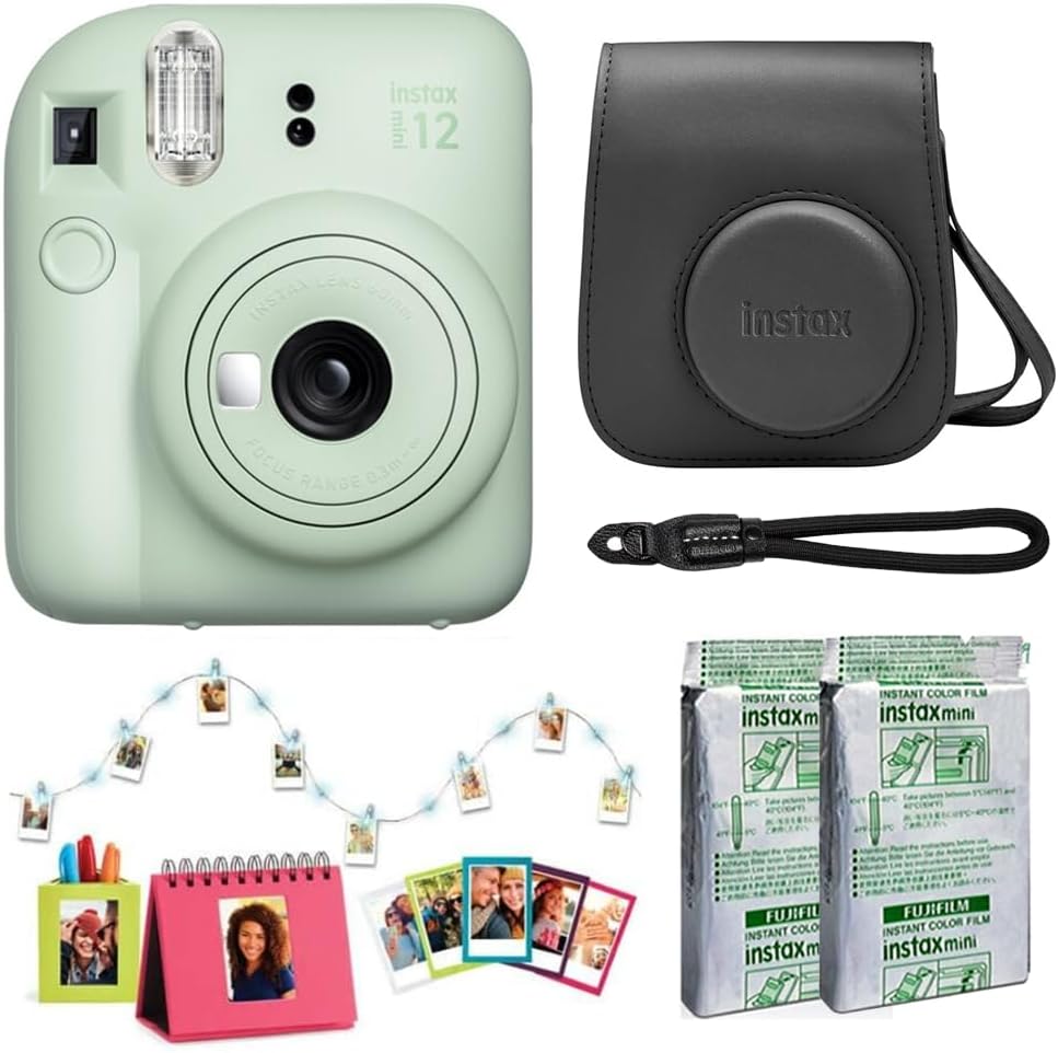 Fujifilm Instax Mini 12 Instant Camera Accessory Kit (Mint Green) with Instax Mini Film - Foil Pack (2 Pack), Instax Mini Accessory Kit, Rope Wrist Strap & Case