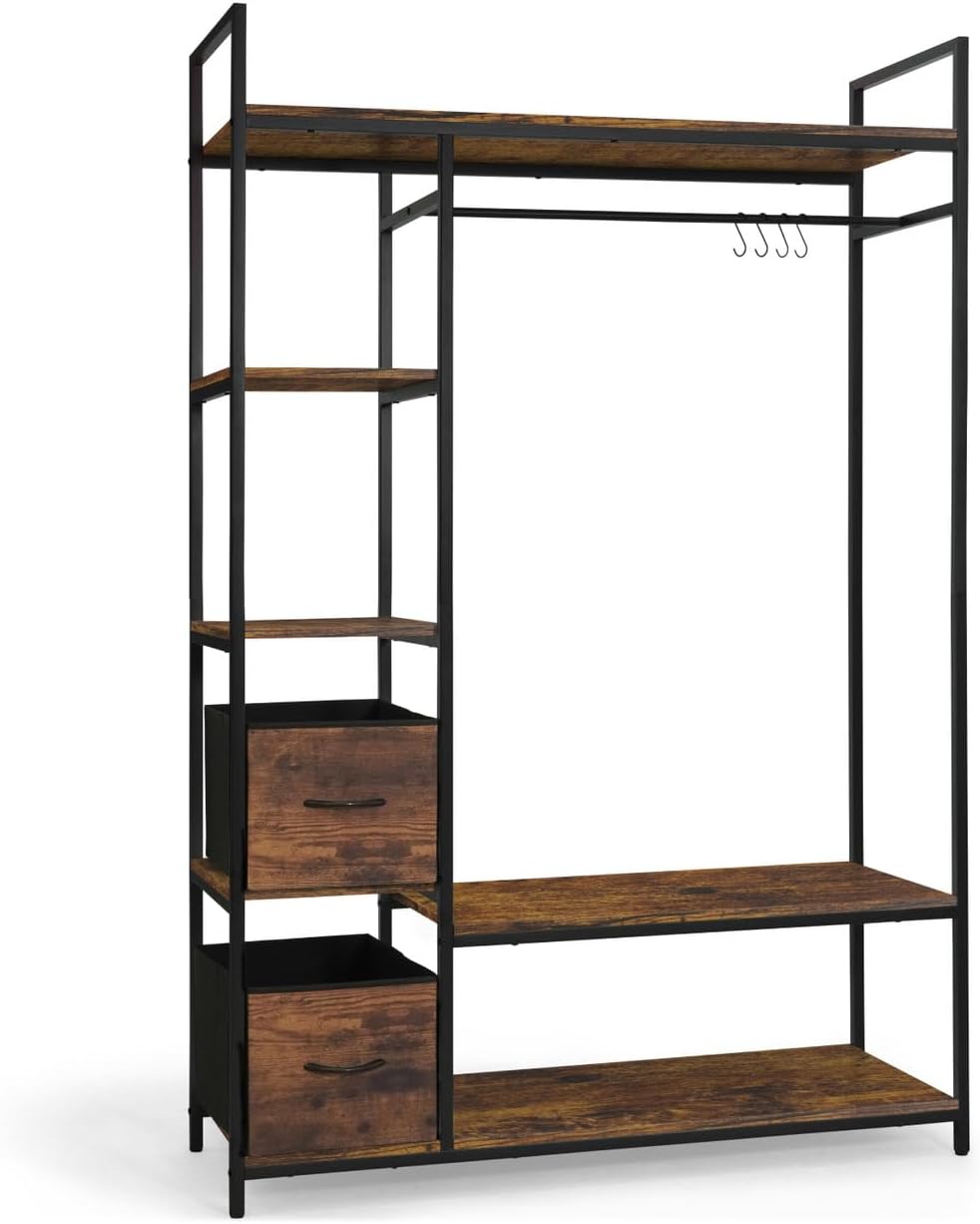 Fencer Wire Heavy Duty 979lbs Freestanding Closet Organizer w/Hanging Rods & Fabric Drawers, Garment Rack, Metal Clothes Rack w/Wood Shelves, Freestanding Closet Wardrobe, Rustic Oak Board
