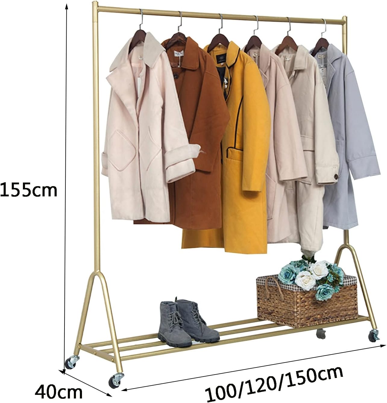 Modern Clothing Rack On Wheels,Heavy Duty Metal Garment Rack for Hanging Clothes,Gold Display Rack for Boutique Retail and Bedroom,Easy Assemble