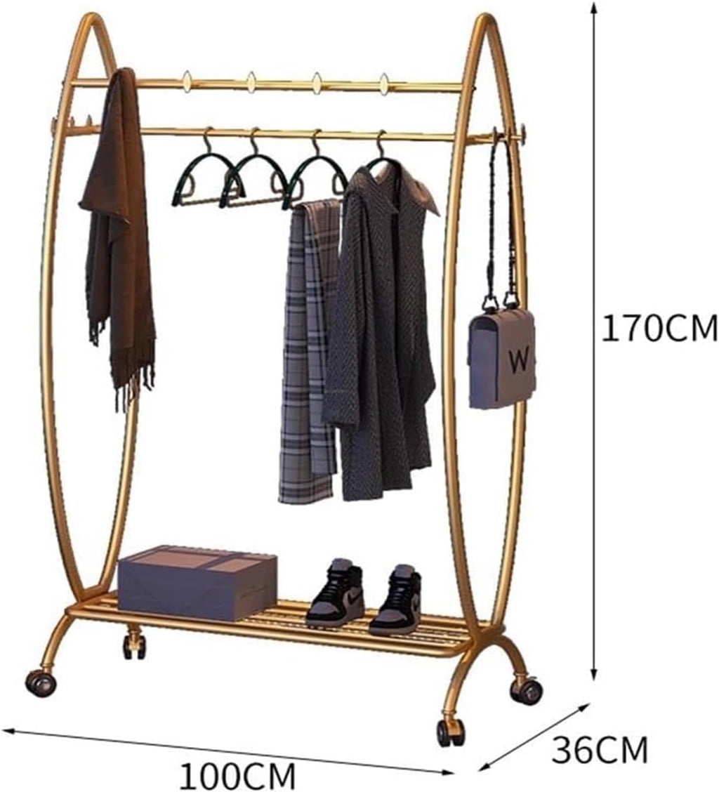 Heavy Duty Clothes Rack with Shelves, 3-in-1 Entryway Coat & Shoe Rack Metal Garment Rack for Hanging Clothes Easy Movement and Organization for Boutique, Retail Or HOM, Gold-a-100X36X170CM