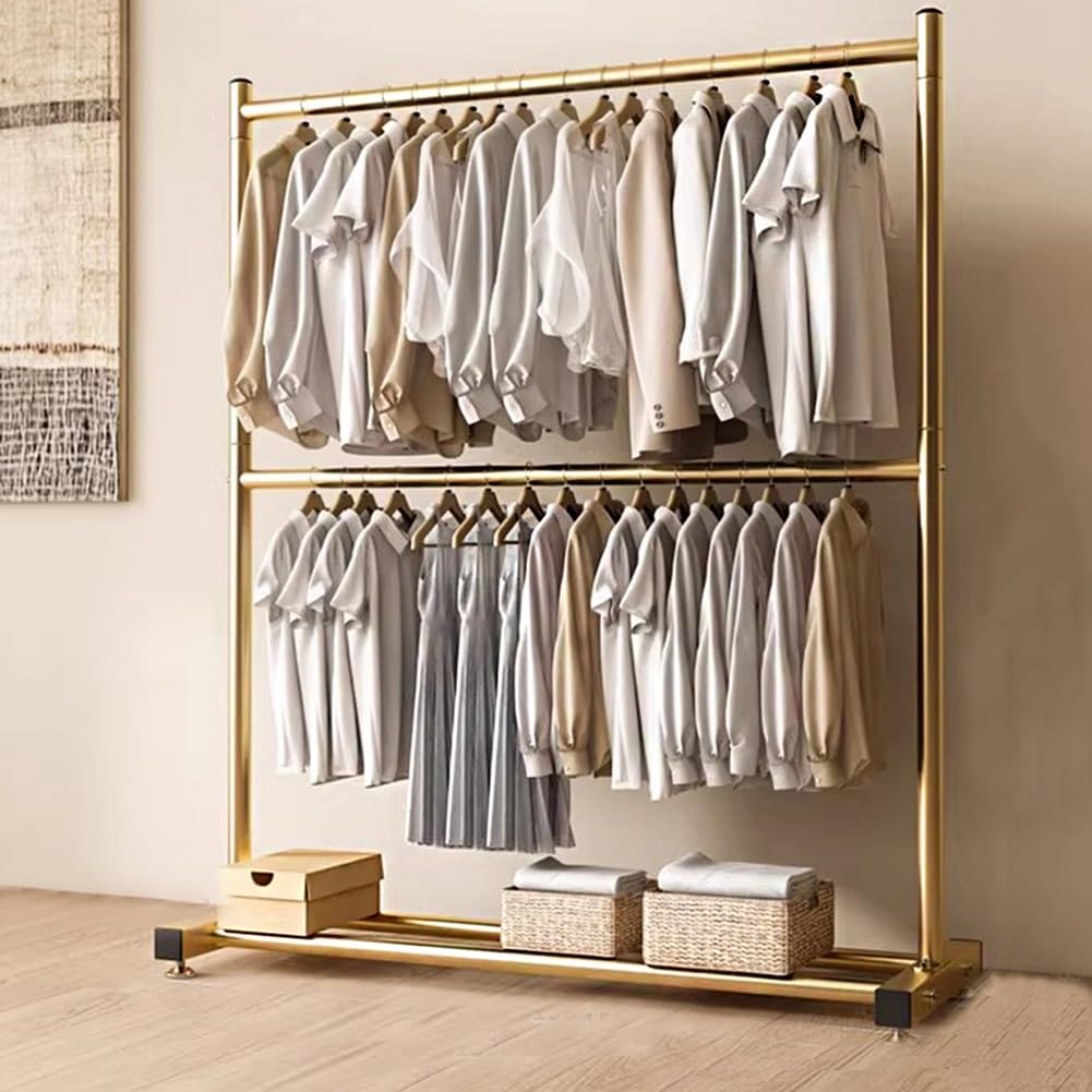 Industrial Duct Clothes Rack, Commercial Portable Wardrobe Rack, Freestanding, Double-Pole Clothes Rack, Heavy-Duty Detachable Clothes Rack, for Hanging Clothes(Gold,60x40x180cm)