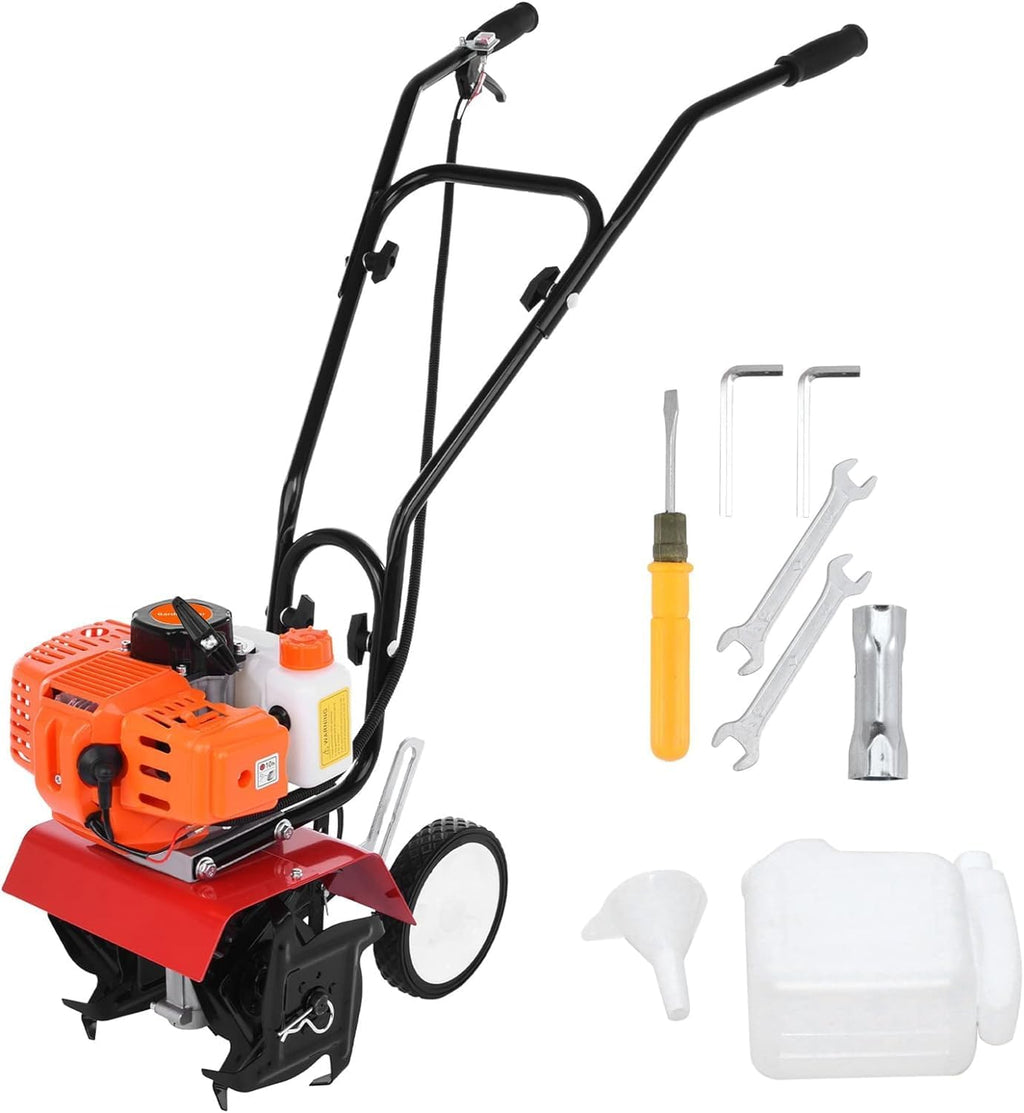 Garden Tillers Gas Powered, 2 Stroke Rototiller with 1.2L Fuel Tank, 52cc 9000RPM Tiller Cultivator with 7.8-Inch Tillling Width, 6-Inch Depth, Easy to Carry Lawn Tiller for Garden Soil Digging (Red)