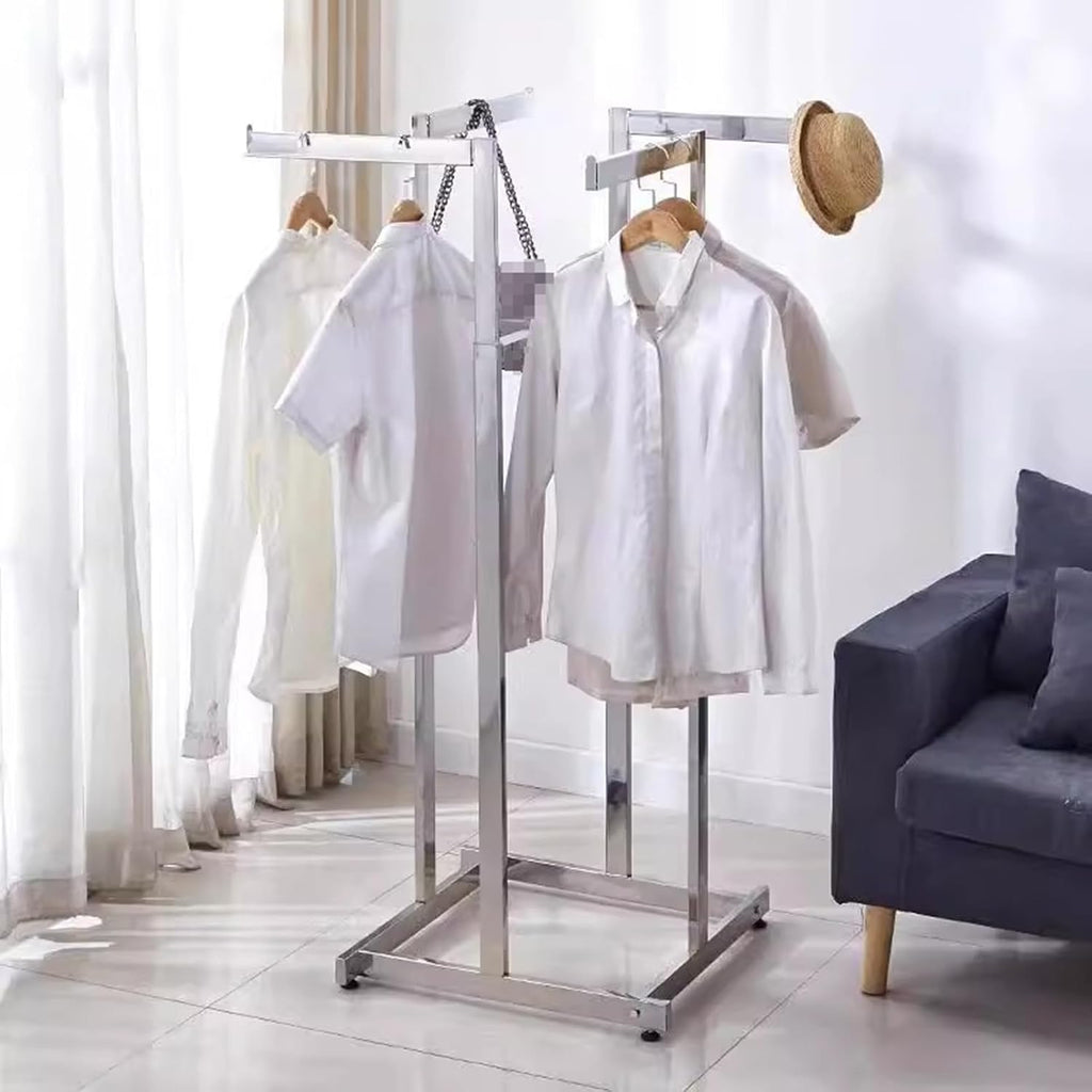 Modern Boutiques Clothing Store Garment Rack,Commercial Grade Nakajima Clothes Display Rack,Floor-Standing Clothes Shelves Heavy Duty 4 Way Rack,Shoes Bags Clothes Organizer Storage Shelves, silver