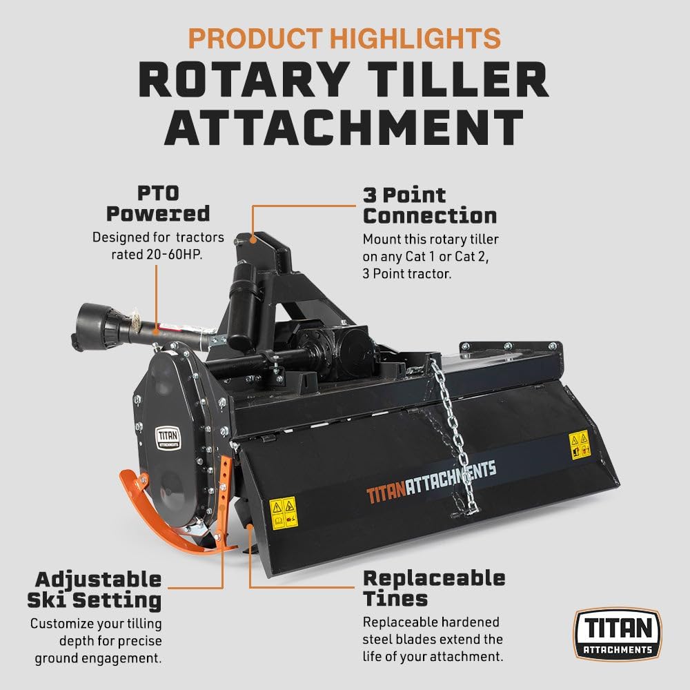 Titan Attachments Pro Series 3 Point Rotary Tiller, 60' Cutting Width, Fits Cat 1 & Cat 2 Tractors 25-65 HP Rototiller, 8' Digging Depth, PTO Driven Cultivator