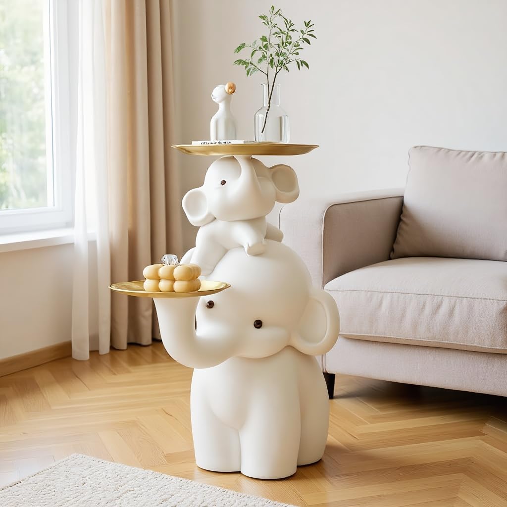 Elephant Side Table, Large Living Room Sculpture, Perfect as Sofa Side Table, Bedroom Nightstand, Coffee Table, Living Room Decor with Two Storage Trays (Double-Tray Elephant)