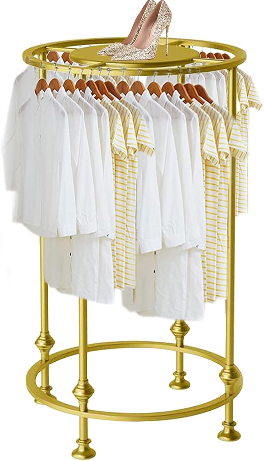 Freestanding Round Garment Display Retail Rack, Floor-Standing Double Space Multi-Purpose Metal Shelf for Clothes Storage, Commercial Clothing Organizer in Retail Boutiques and Bedroom