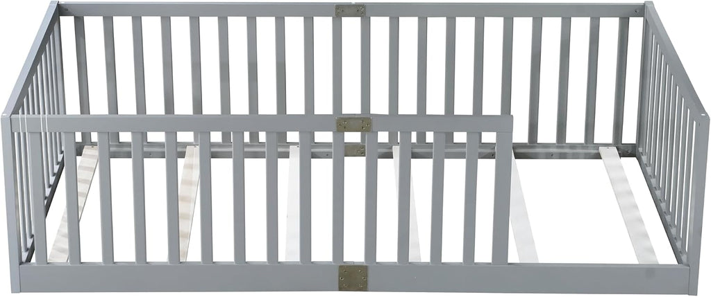 Twin Size Floor Bed with 21.5' High Rails, Solid Rubber Wood Montessori Bed Twin for Boys Girls, Low Profile Kids Beds Frame with 6 Slats, No Box Spring Needeed, Grey