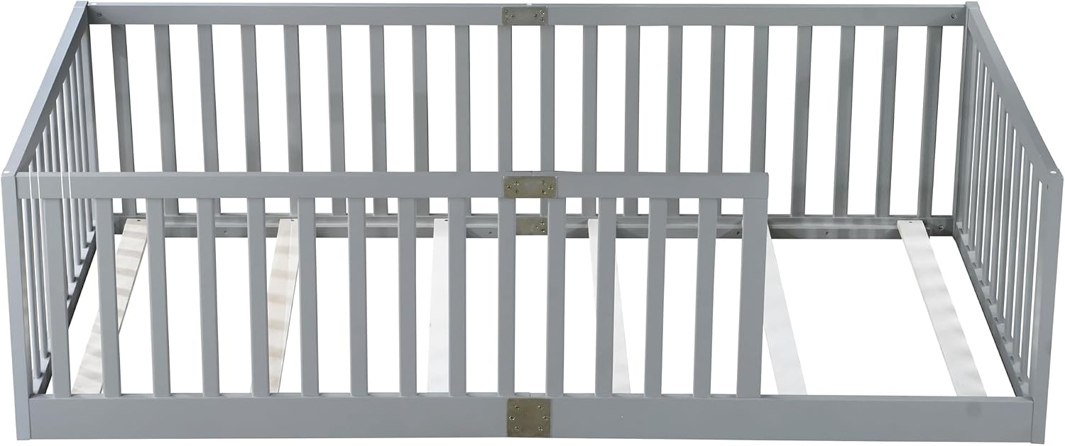 Twin Size Floor Bed with 21.5' High Rails, Solid Rubber Wood Montessori Bed Twin for Boys Girls, Low Profile Kids Beds Frame with 6 Slats, No Box Spring Needeed, Grey