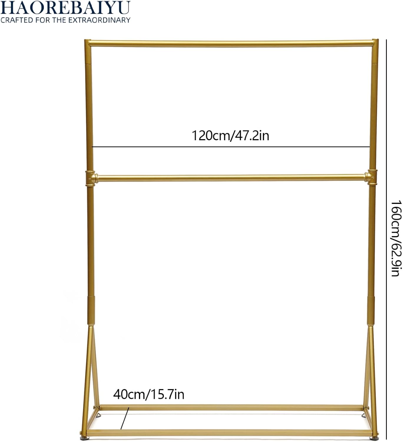 2-Tier Industrial Vintage Gold Clothes Rack, Freestanding Garment Rack with 2 Shelves, Heavy Duty Clothing Display Stand for Living Room, Bedroom, Entryway, Clothing Store (47.2x15.7x62.9 inch)
