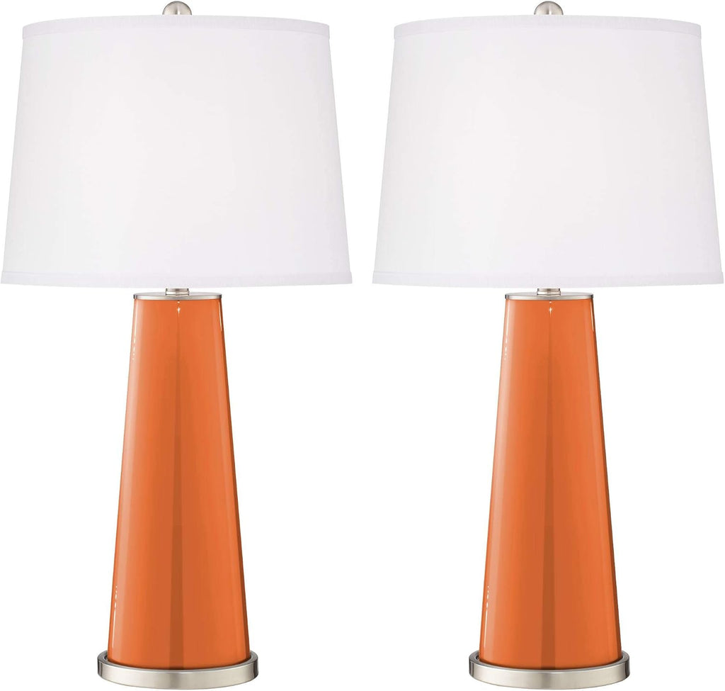 Color + Plus Leo Modern Table Lamps 29 1/2' Tall Set of 2 Celosia Orange Glass Tapered Column Plain White Drum Shade Decor for Bedroom Living Room House Home Bedside Nightstand Office Family