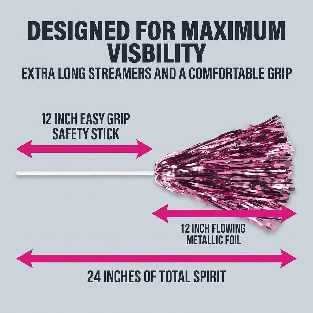 Anderson's Premium Metallic Silver and Pink Foil School Spirit Shakers Cheerleader Pom Poms Sports Football Basketball Homecoming Squad Team Party Dance Club Performance Celebration Pack of 100
