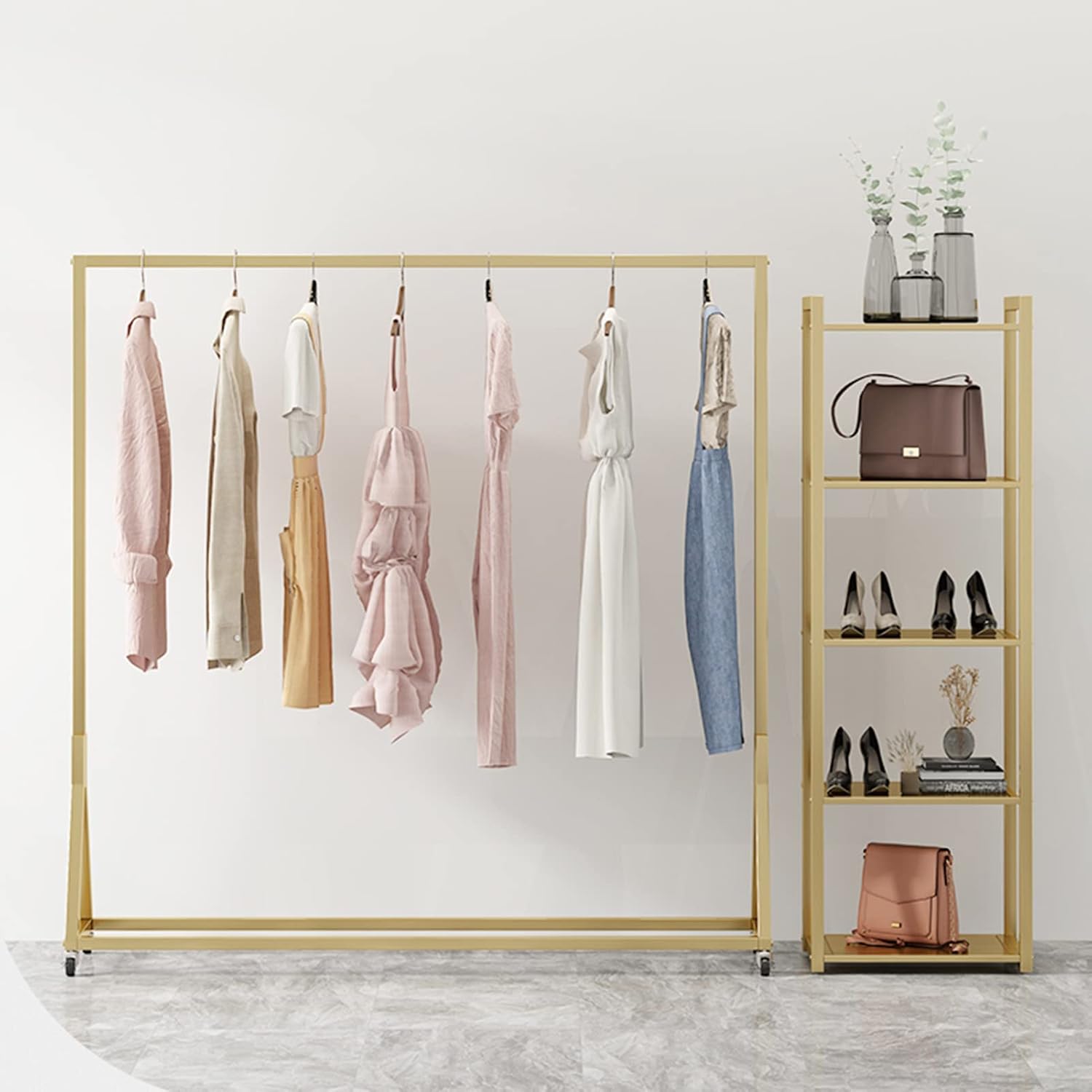 Garment Rack Heavy Duty Clothing Rack for Hanging Clothes Gold Metal Clothes Rail On Wheels Clothing Store Display Rack Easy to Assemble Coat Rack for Bedroom and Living Room