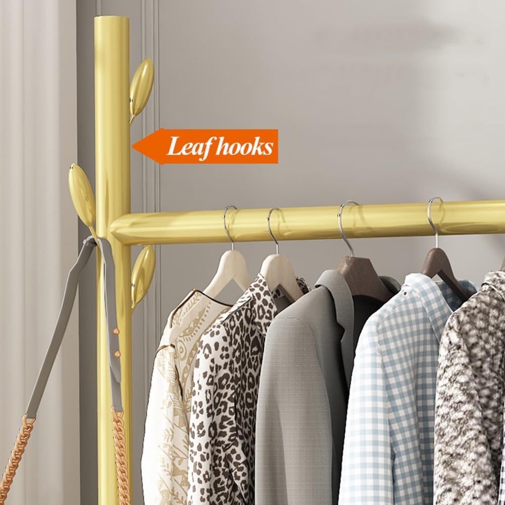 Freestanding Clothes Rack with Side Hooks and Storage Shelf, Heavy Duty Iron Pipe Garment Rack for Hanging Clothes, Clothes Organizer for Bedroom, Laundry Room, Height 158cm, Gold (Color : Gold, Siz