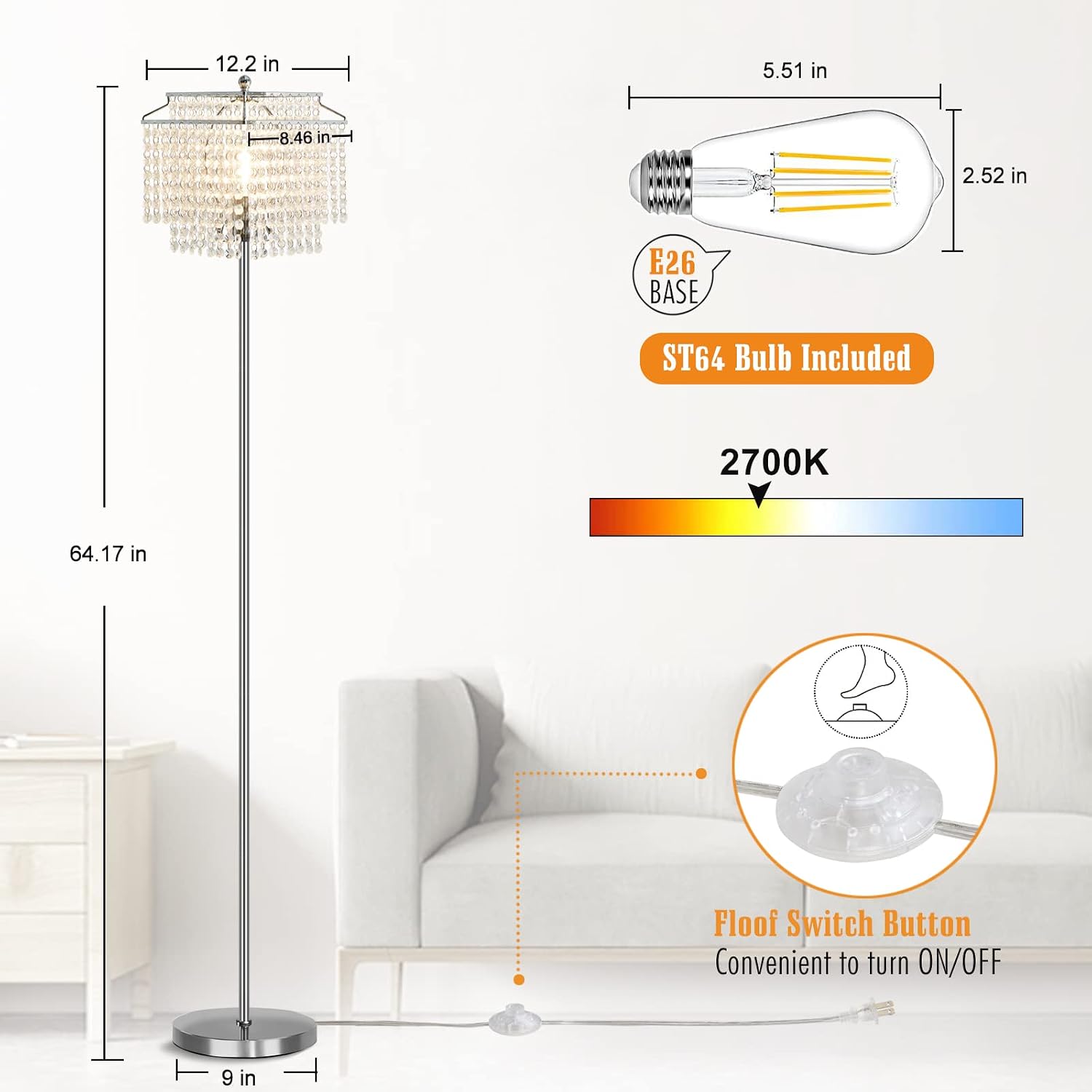 Luvkczc Table Lamp and Floor Lamp Set, Crystal Table Lamp with USB Ports+Crystal Floor Lamps Set of 2, Morden Lamps for Living Room, Bedroom, Office (Silver)