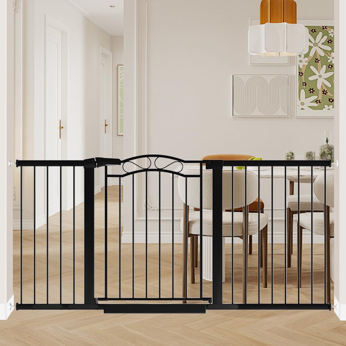 Fairy Baby 65.4'-68.1' Extra Wide Baby Gate with Door, 66 67 68 Inches Walk THR Baby Gates for Stairs Pressure Mounted no Drill, Indoor Tension Metal Child Pet Dog Safety Gate for Kids, Black
