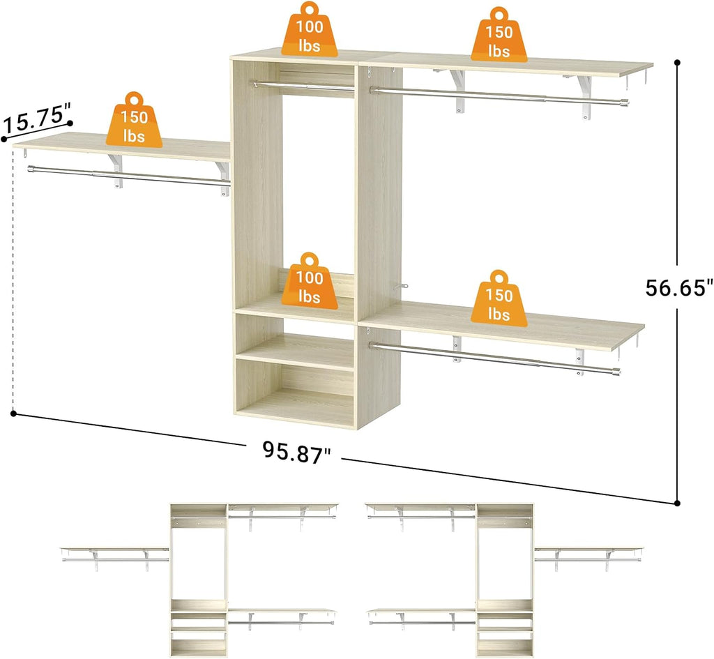 8FT Hanging Closet System, 96 Inch Closet Organizer System with Hanging Rod, Walk In Mounted Closet System, Built-In Clothes Garment Rack with 3 Shelving Towers(Can Be Cut To Fit), Oak