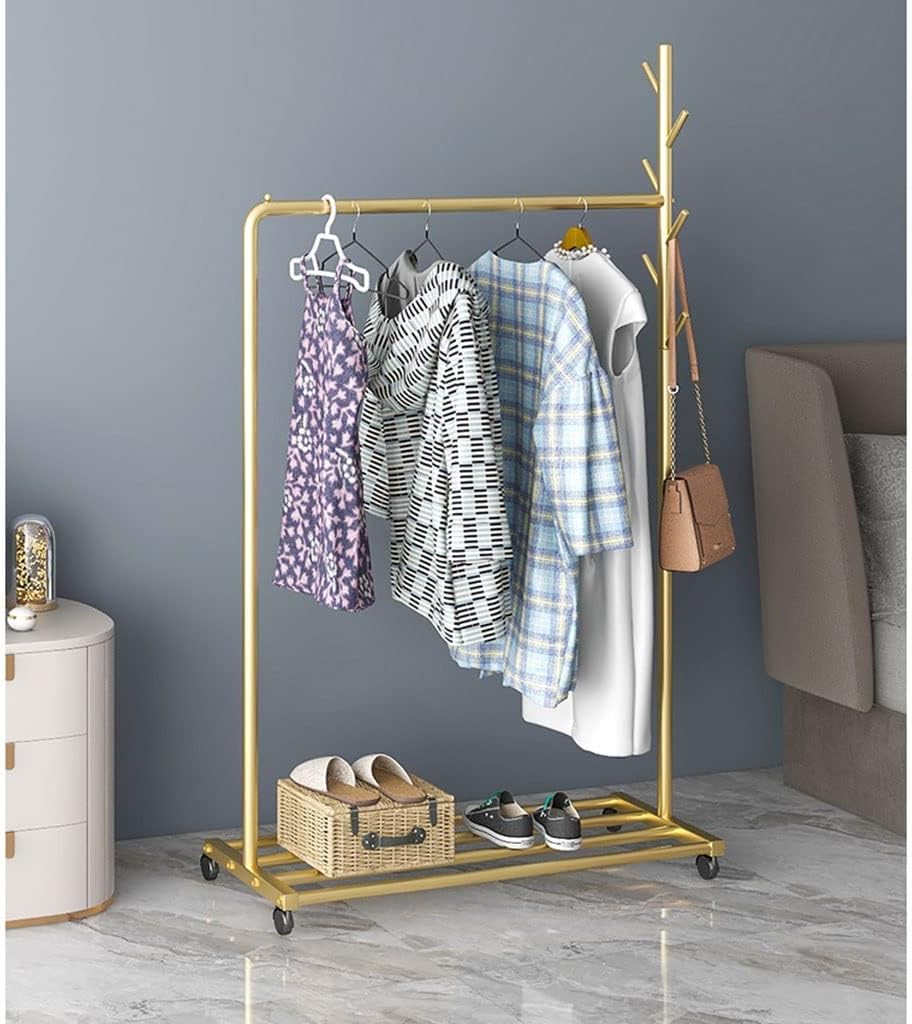 Shoe Bench Coat Stand Rack Hanger Metal Clothing Rack Heavy Duty Clothes Rack On Wheels Rolling Garment Rack with Top Rod and Hooks Commercial Display Rack for Hanging Clothes,Gold,60X35X170CM