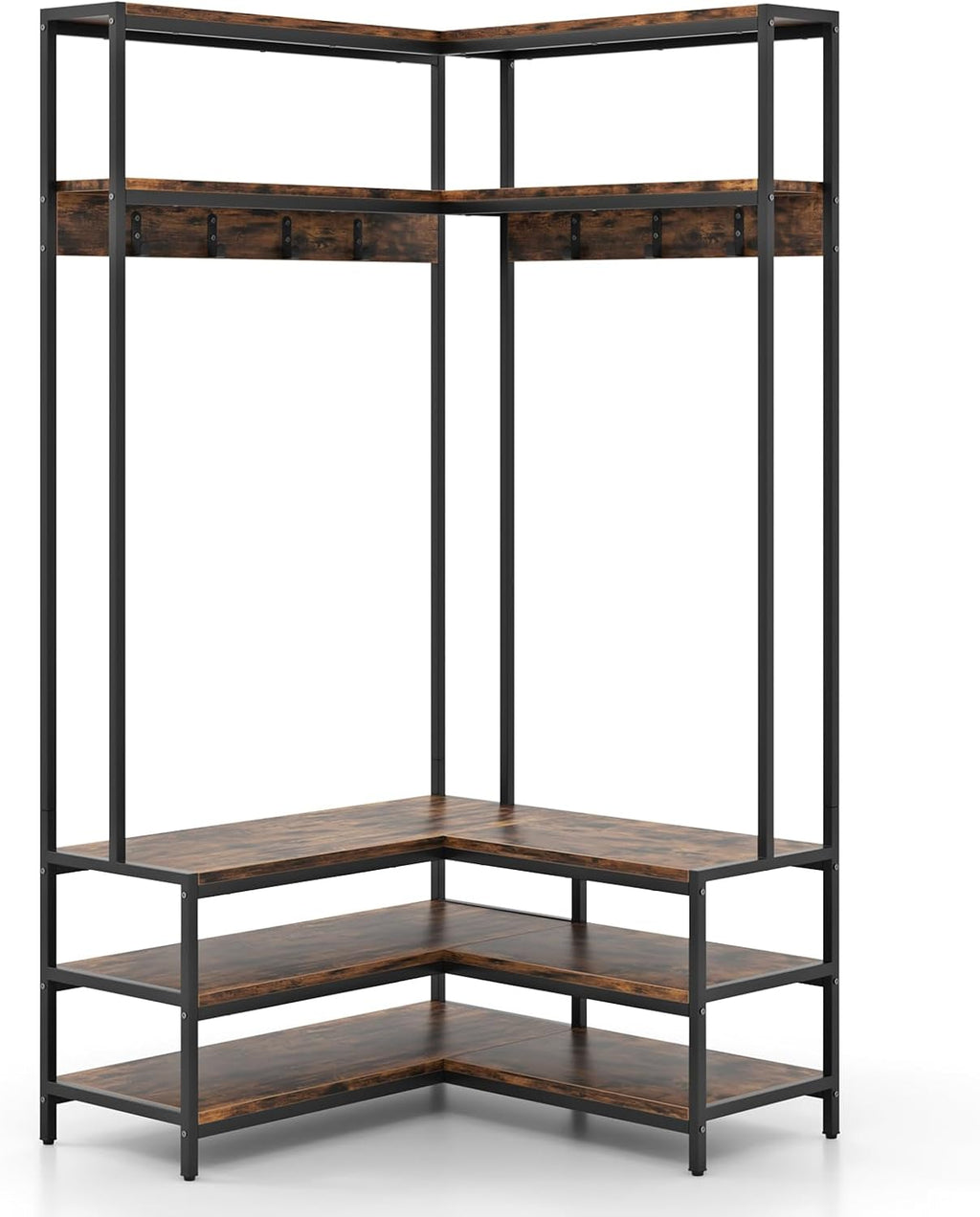Multigot L-shaped Clothes Rack, Freestanding Corner Garment Rack Hall Tree with Shoe Storage Bench, Shelves and 7 Hooks, Metal Frame Coat Rack Stand Closet Storage Organizer (Rustic Brown+Black)