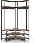 Multigot L-shaped Clothes Rack, Freestanding Corner Garment Rack Hall Tree with Shoe Storage Bench, Shelves and 7 Hooks, Metal Frame Coat Rack Stand Closet Storage Organizer (Rustic Brown+Black)